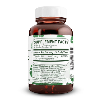 Suplemento vitamina B12 Natural Nutra en botella de vidrio reciclable sin BPA