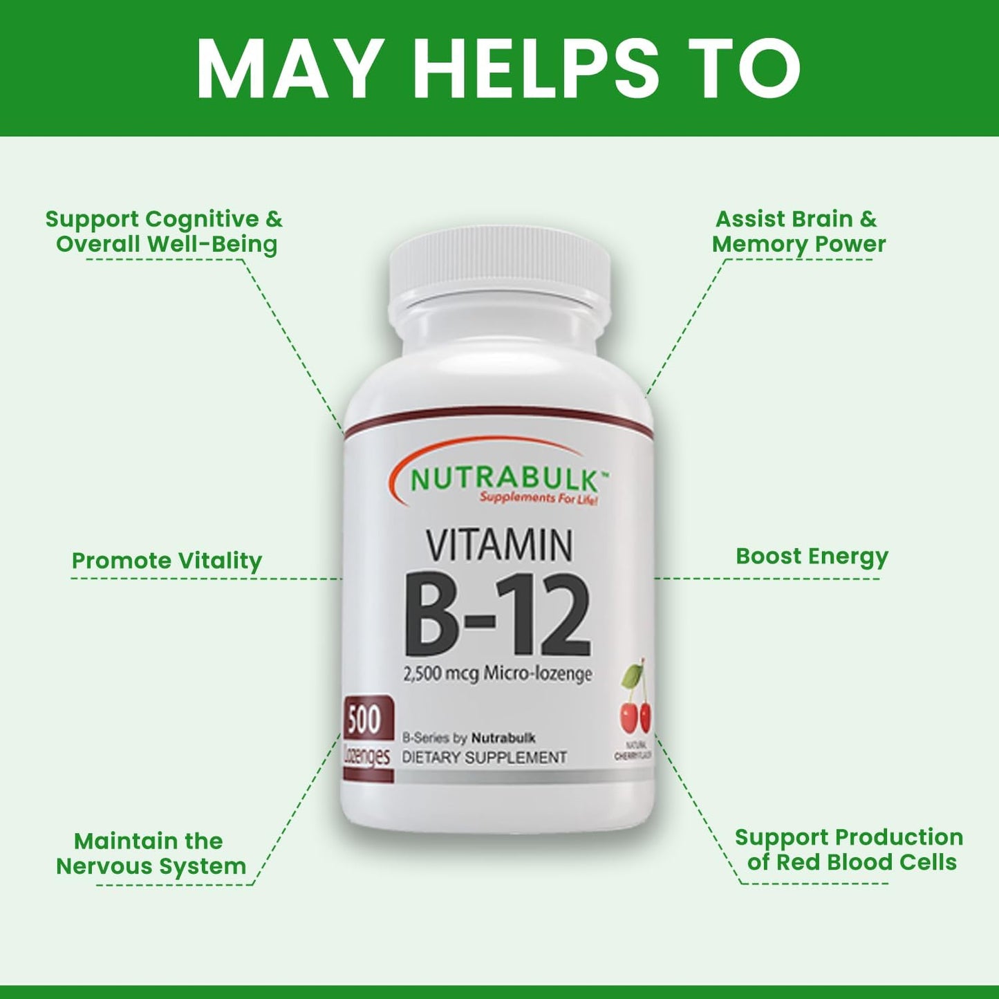 Suplemento vitamina B-12 NutraBulk sabor cereza 500 tabletas