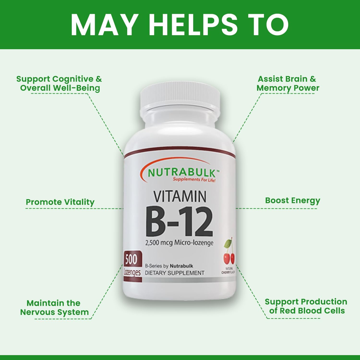 Suplemento vitamina B-12 NutraBulk sabor cereza 500 tabletas