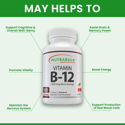 Suplemento vitamina B-12 NutraBulk sabor cereza 500 tabletas