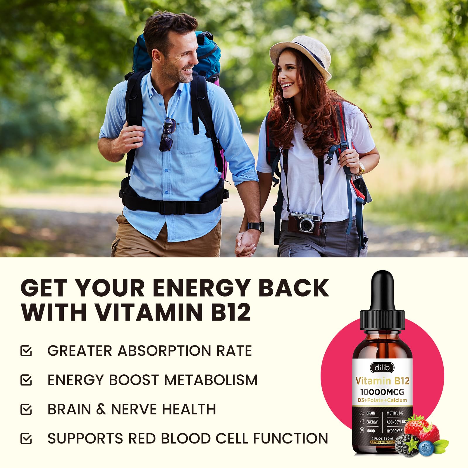 Etiqueta frontal del suplemento vitamina b12 tríple líquida 10000 mcg