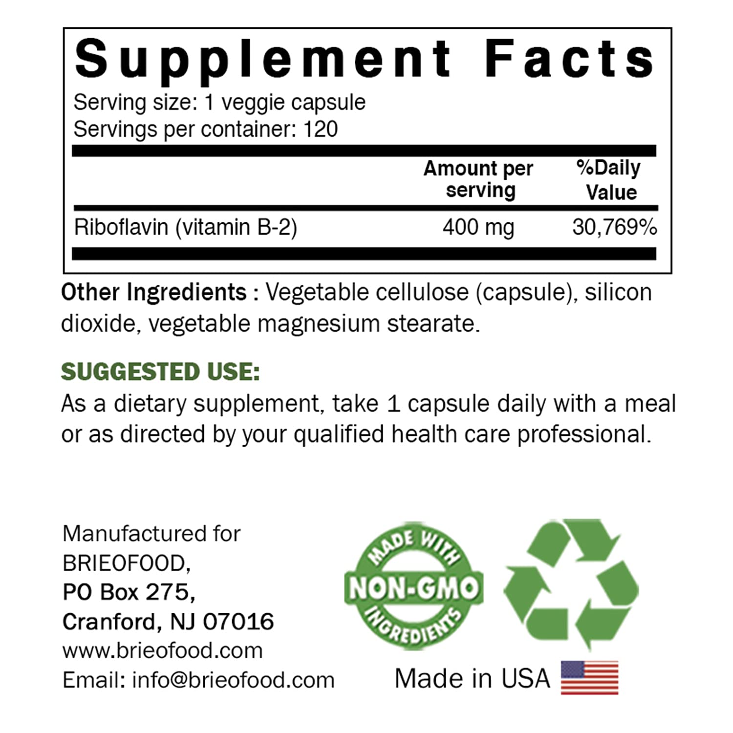 Suplemento vitamina B2 Brieofood sin gluten libre de OGM