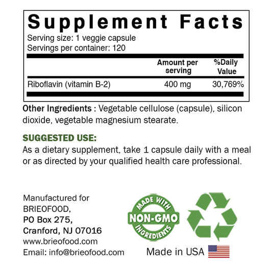 Suplemento vitamina B2 Brieofood sin gluten libre de OGM