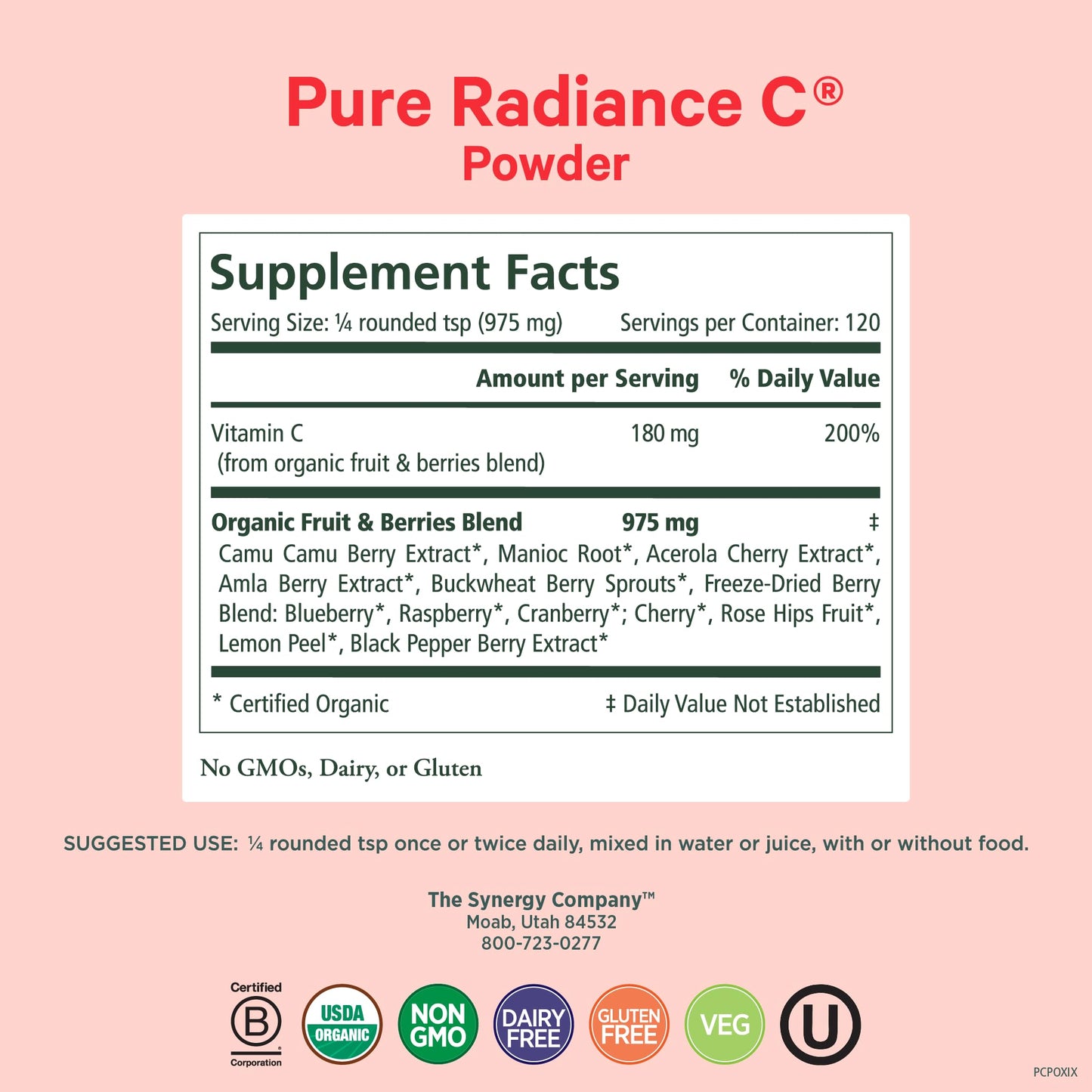Suplemento de vitamina c orgánica Pure Synergy polvo 4 oz