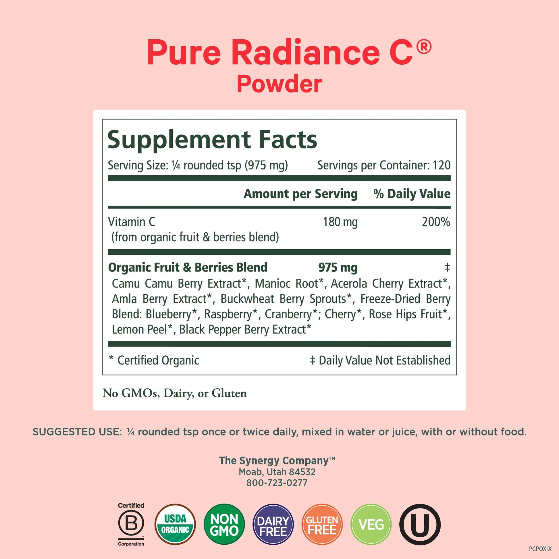 Suplemento de vitamina c orgánica Pure Synergy polvo 4 oz
