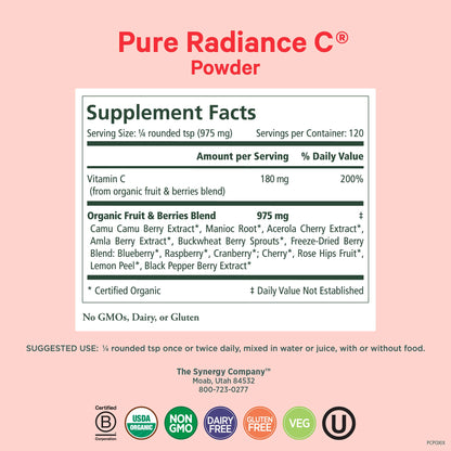 Suplemento de vitamina c orgánica Pure Synergy polvo 4 oz