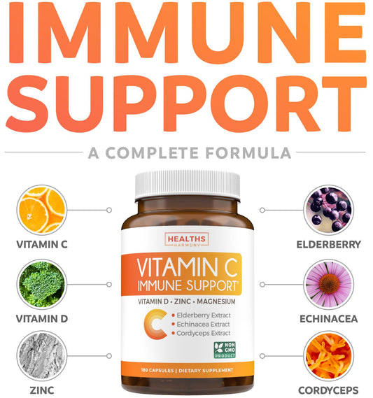 Suplemeto vitamina c y saúco caja frontal Healths Harmony