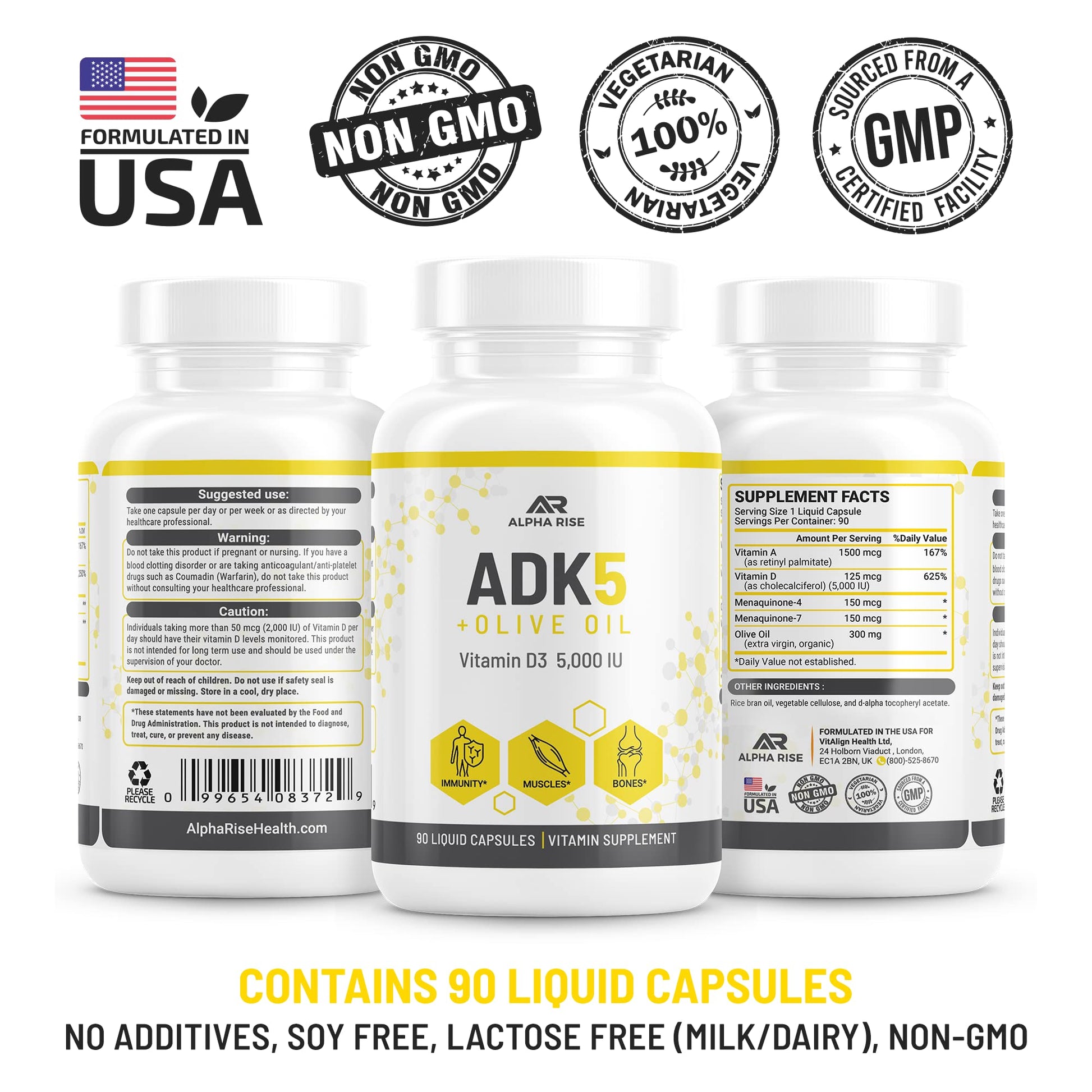 Suplemento ALPHA RISE vitamina D3 10,000 UI en cápsulas vegetales