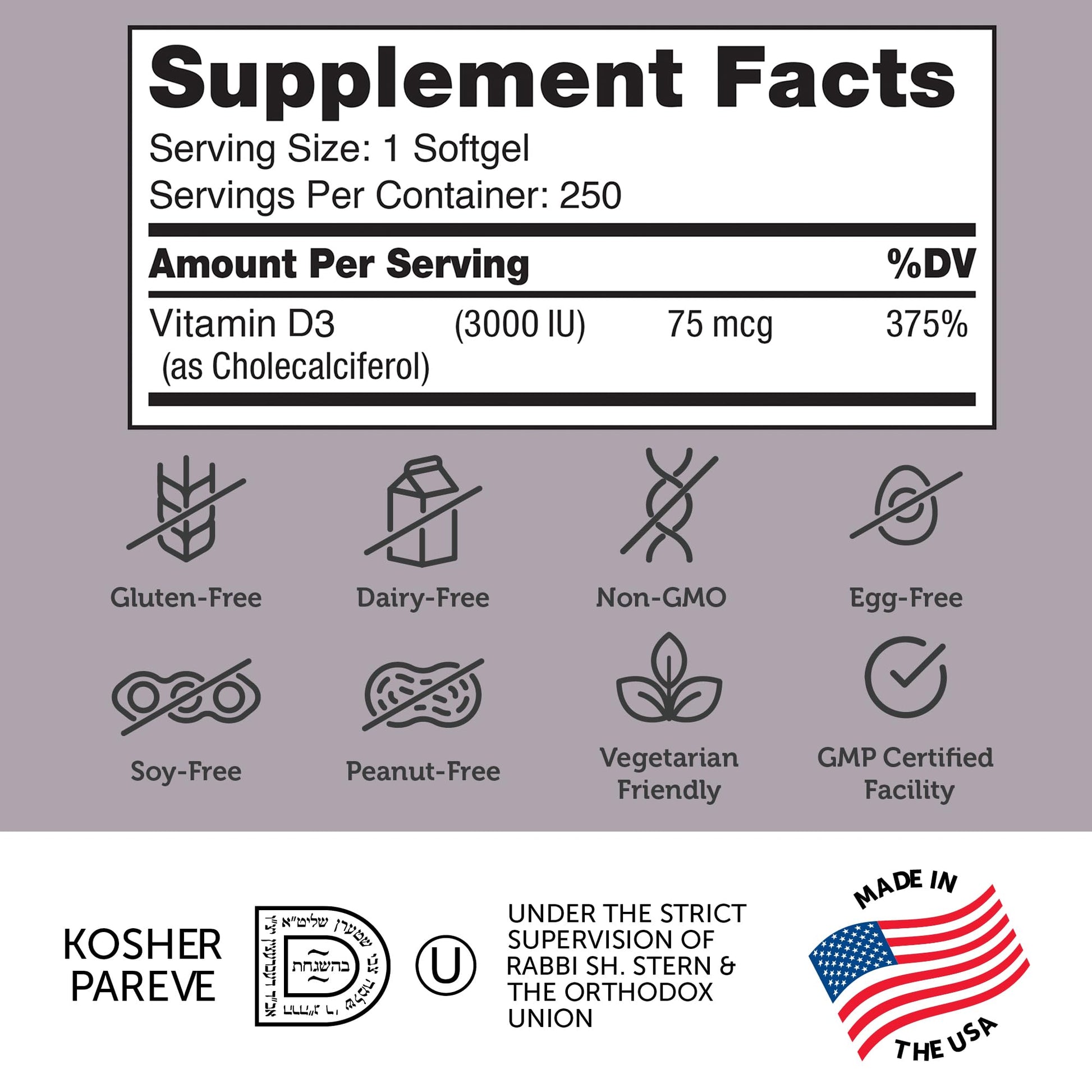 Suplemento vitamina d3 3000 ui zahler 250 softgels botella