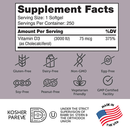 Suplemento vitamina d3 3000 ui zahler 250 softgels botella
