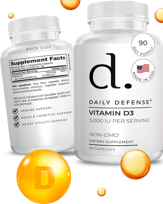 Suplemento vitamina D3 5000 IU Daily Defense frasco