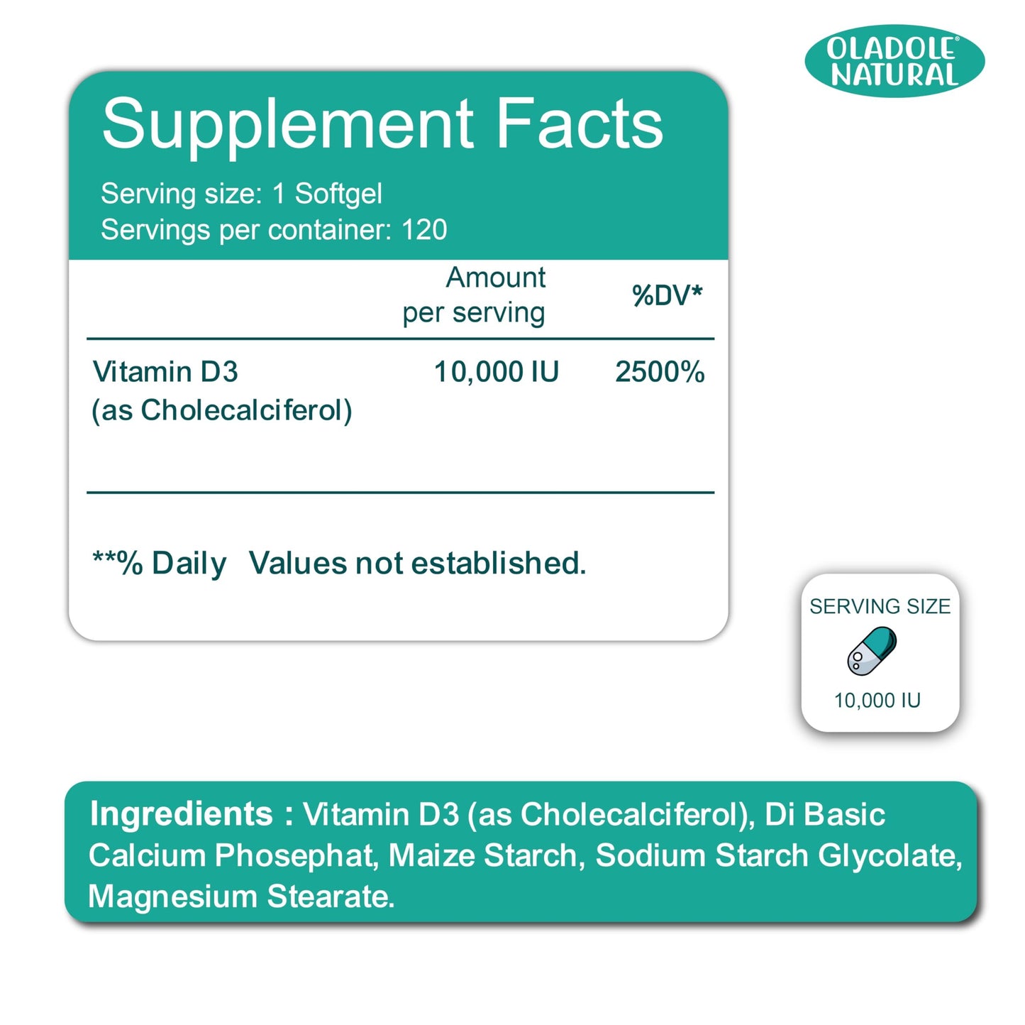 Suplemento vitamina D3 alta potencia Oladole Natural