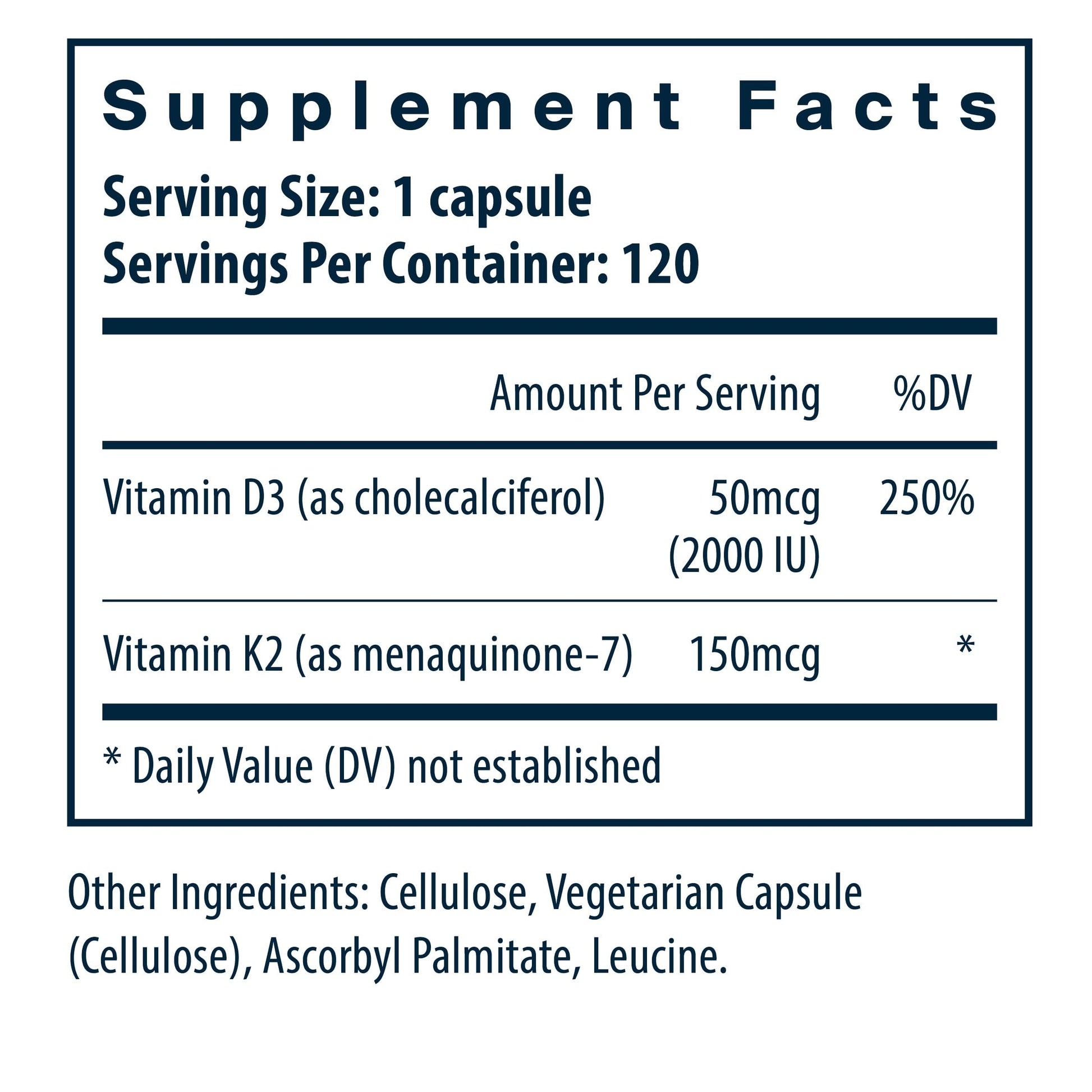 Suplemento vitamina d3 k2 120 cápsulas vital nutrients