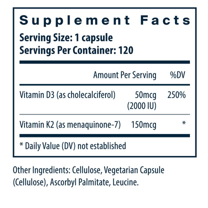 Suplemento vitamina d3 k2 120 cápsulas vital nutrients