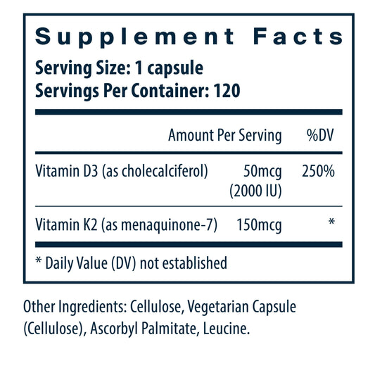 Suplemento vitamina d3 k2 120 cápsulas vital nutrients