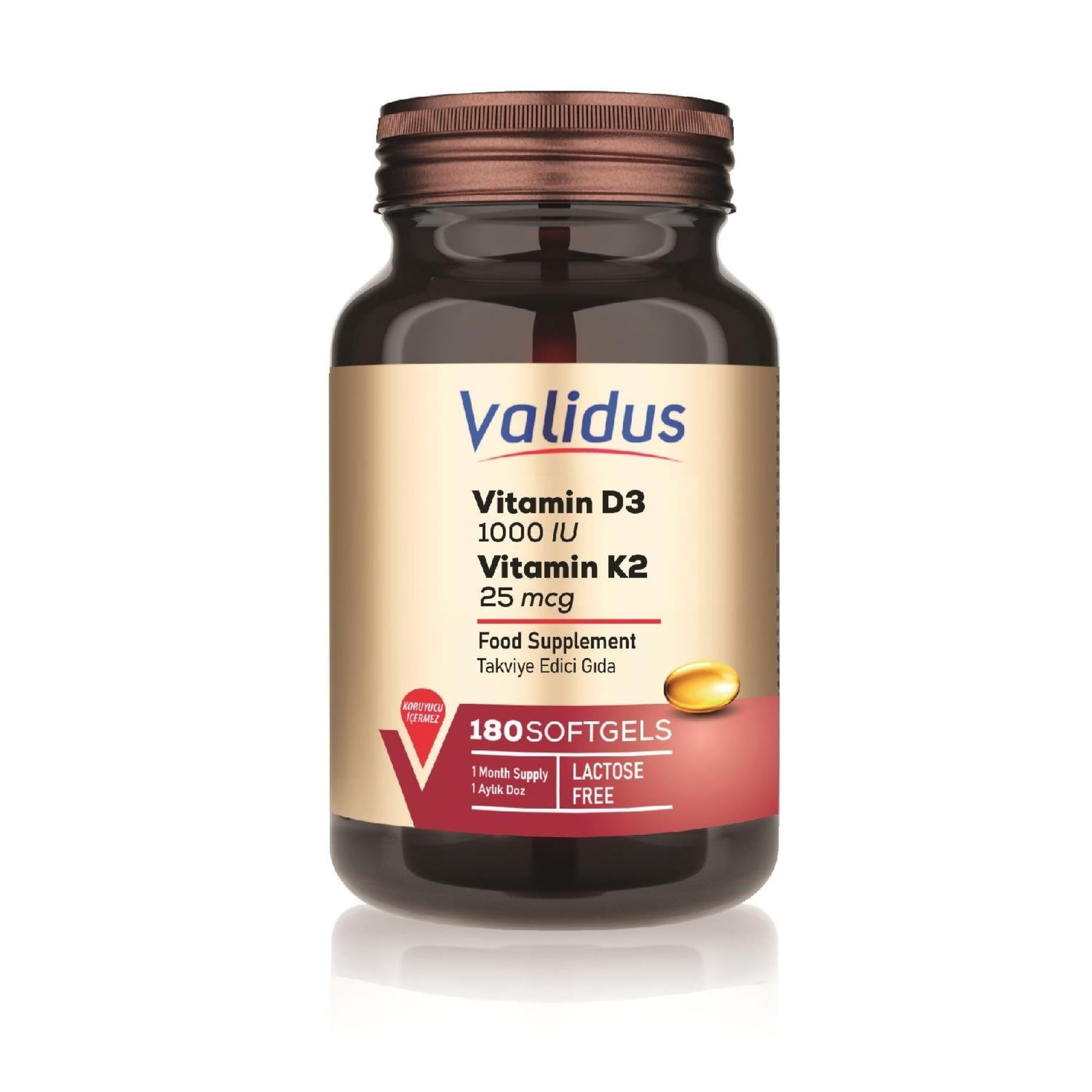 Suplemento vitamina D3 y K2 alta potencia Validus botella 180 cápsulas