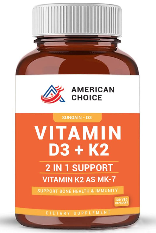 Botella suplemento vitaminas D3 y K2 American Choice 120 cápsulas