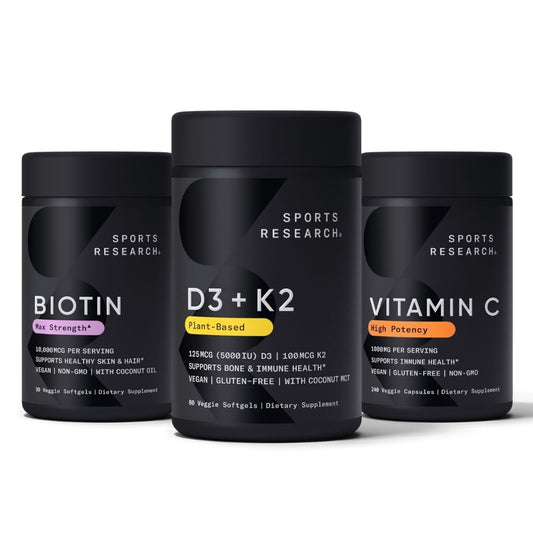 Frasco suplemento vitamina d3 k2 biotina vitamina c sports research