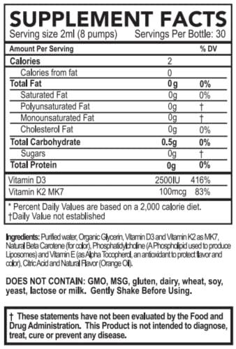 Suplemento vitamina d3 k2 en envase líquido Purality Health 2 oz
