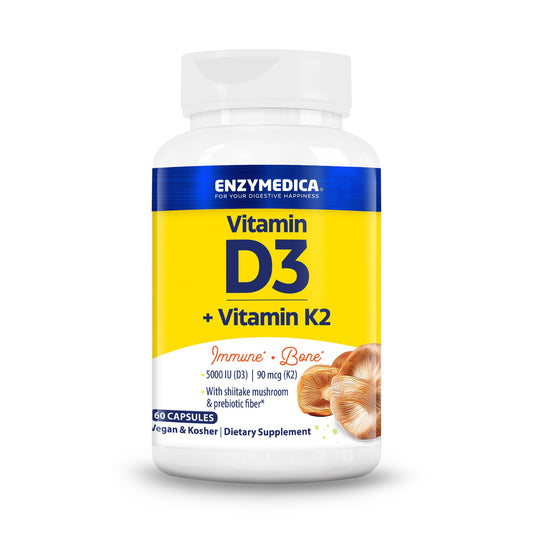 Suplemento de vitamina D3+K2 Enzymedica con hongos.