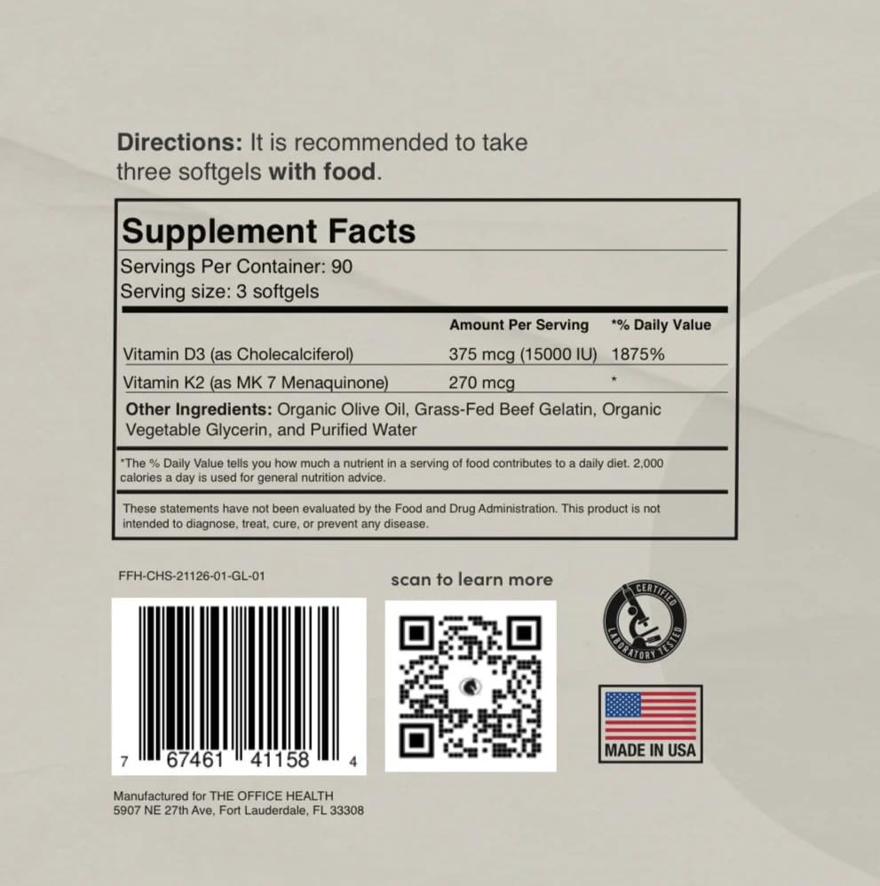 Suplemento vitamínico D3 K2 liposomal The Office Health 90 cápsulas