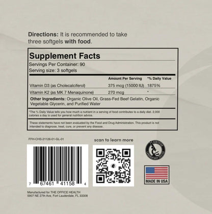 Suplemento vitamínico D3 K2 liposomal The Office Health 90 cápsulas