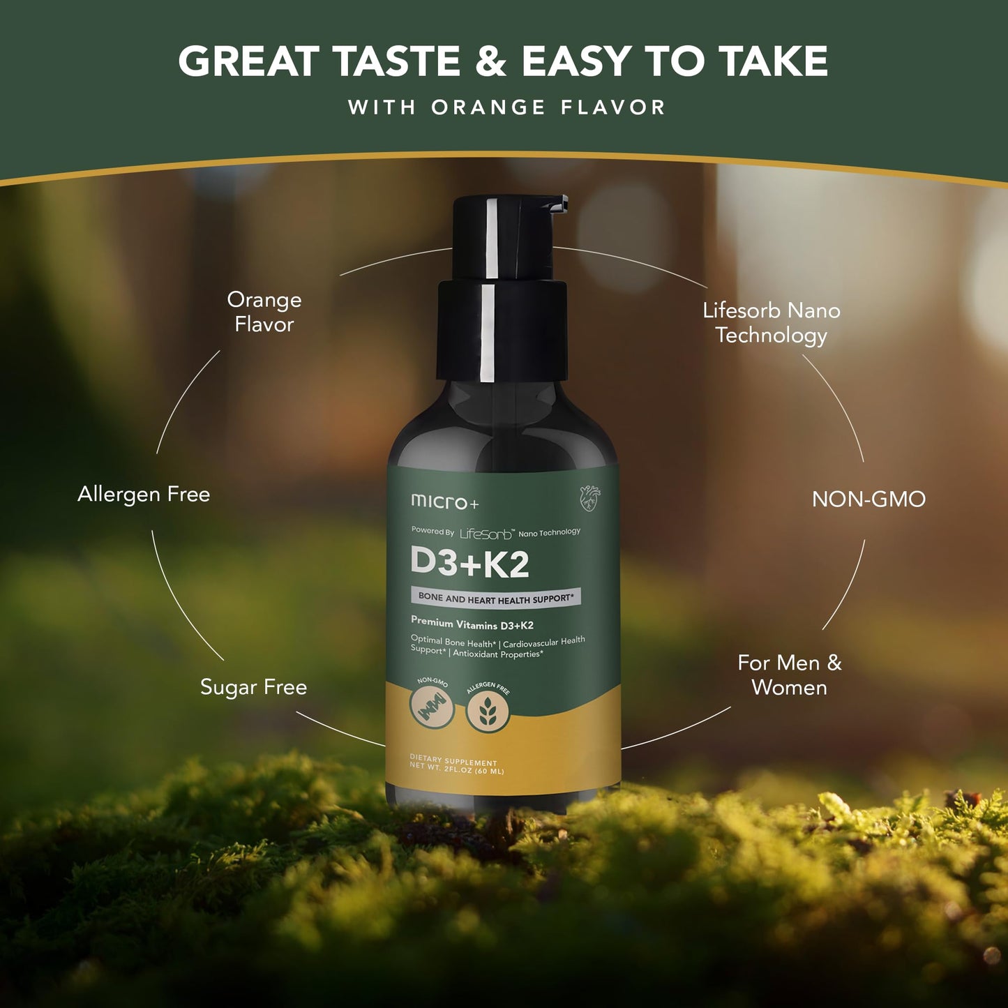 Suplemento vitamina D3 y K2 Micro Plus Health frasco lateral