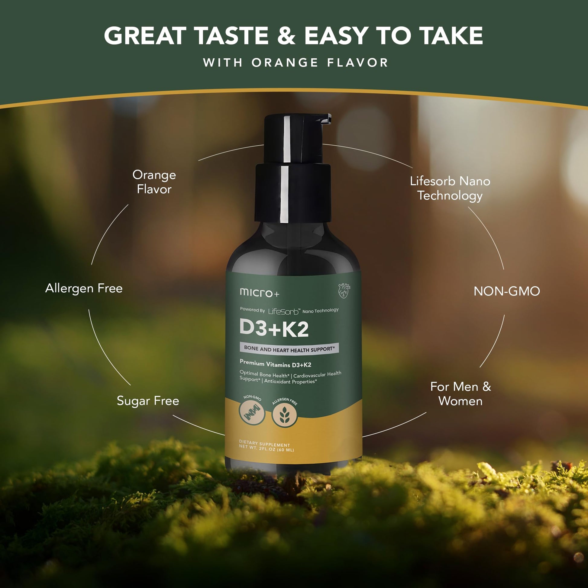 Suplemento vitamina D3 y K2 Micro Plus Health frasco lateral