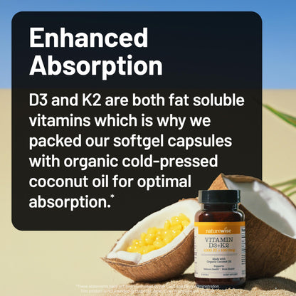 Suplemento vitamina D3 K2 100mcg NatureWise con aceite de coco 90 uds