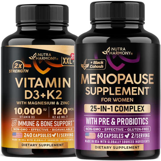 Frasco de suplemento Vitamina D3 K2 NUTRAHARMONY