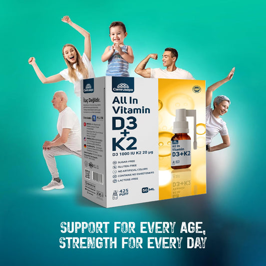 Frasco de suplemento de vitamina D3 K2 con 425 pufs de rápida absorción
