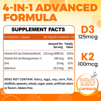 Suplemento vitamina d3 k2 con zinc y selenio para salud ósea e inmune