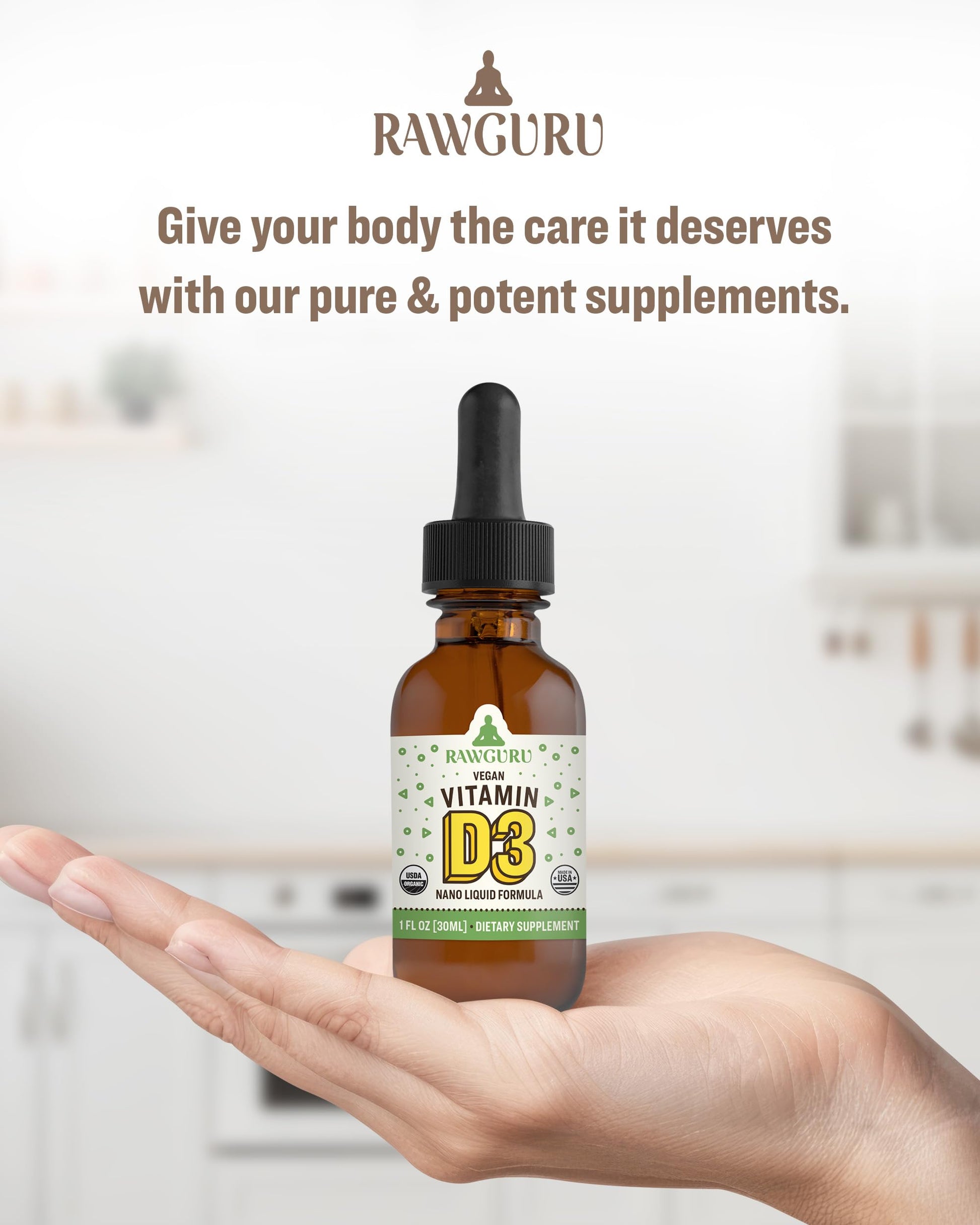 Suplemento de vitamina D3 orgánica RawGuru en botella gotero