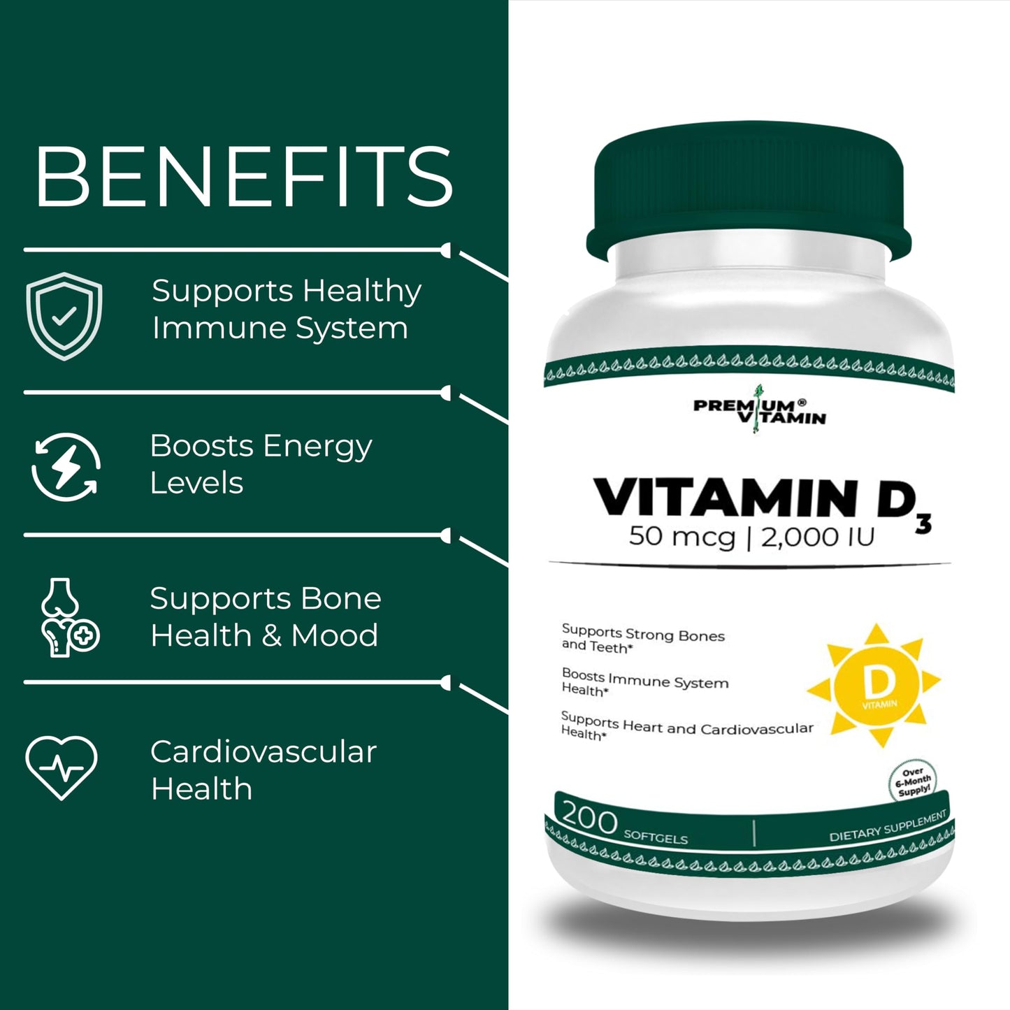 Suplemento vitamina D3 Premium Vitamin 2000 UI envase