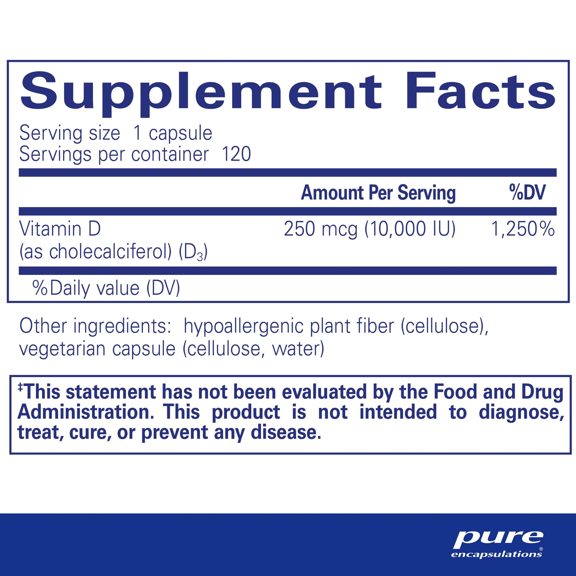 Suplemento Vit D3 Pure Encapsulations para salud cardíaca y ósea