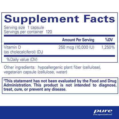 Suplemento Vit D3 Pure Encapsulations para salud cardíaca y ósea