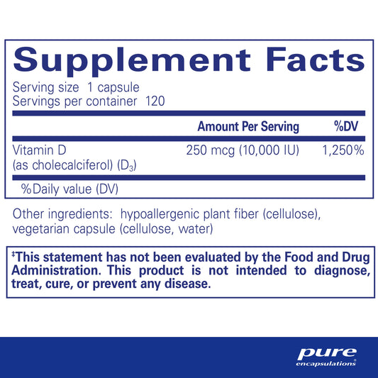 Suplemento Vit D3 Pure Encapsulations para salud cardíaca y ósea