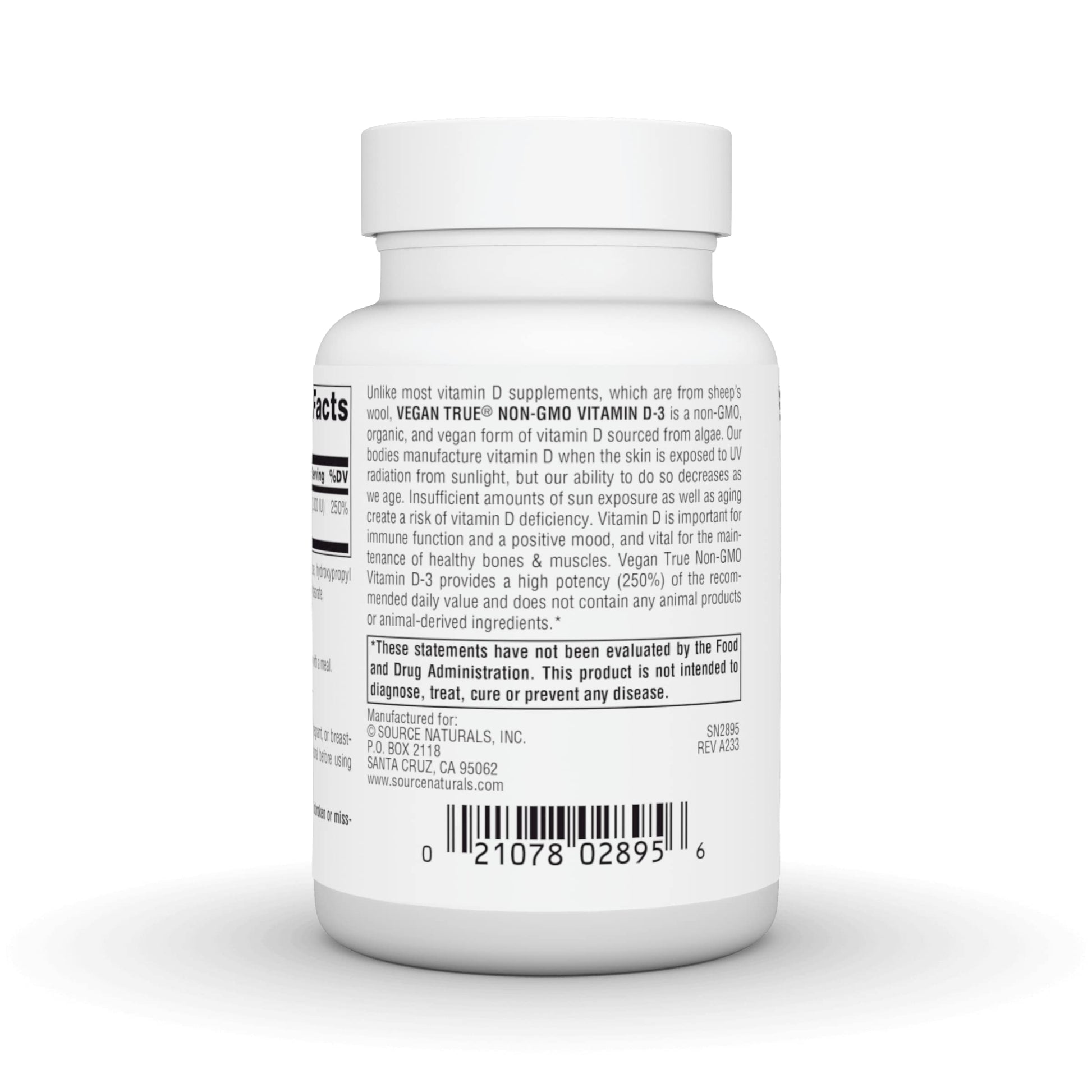 Suplemento Vitamina D3 vegano Source Naturals 90 cápsulas