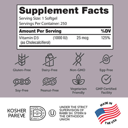 Suplemento de vitamina d3 Zahler para adultos fácil de tragar 250 caps