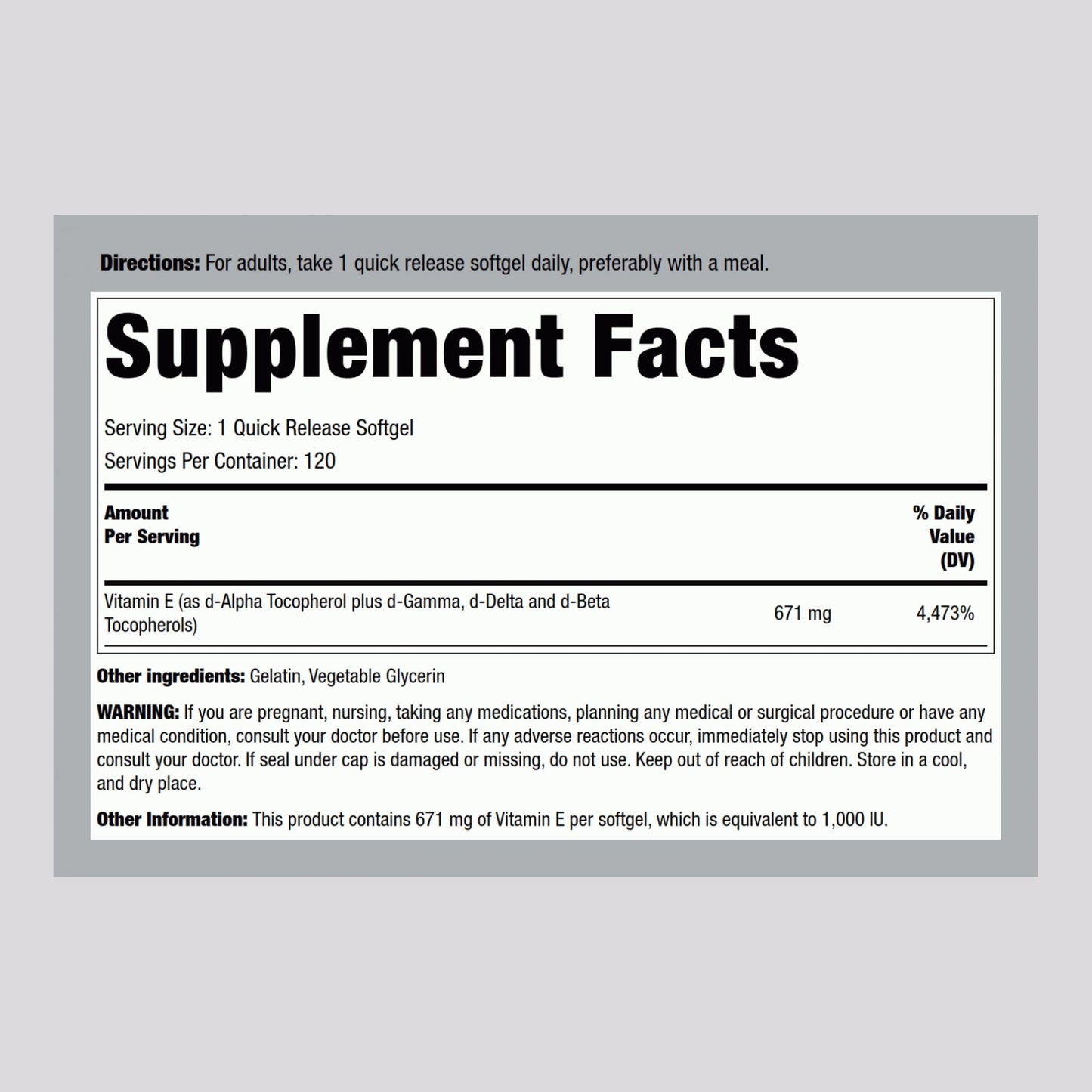 Suplemento vitamina e Piping Rock fórmula alta potencia