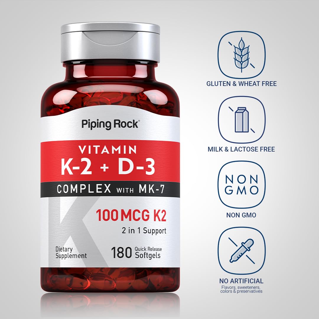 Suplemento Vitamina K2 D3 Piping Rock 180 cápsulas blandas