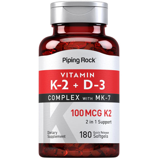 Botella de suplemento Vitamina K2 D3 Piping Rock 180 softgels