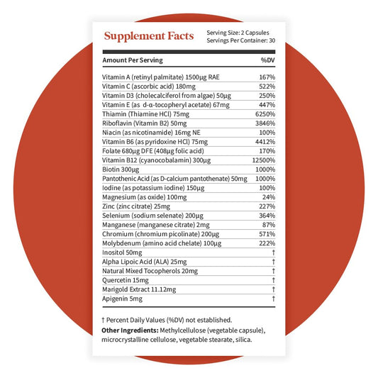 Suplemento de vitaminas con tabla de ingredientes y beneficios