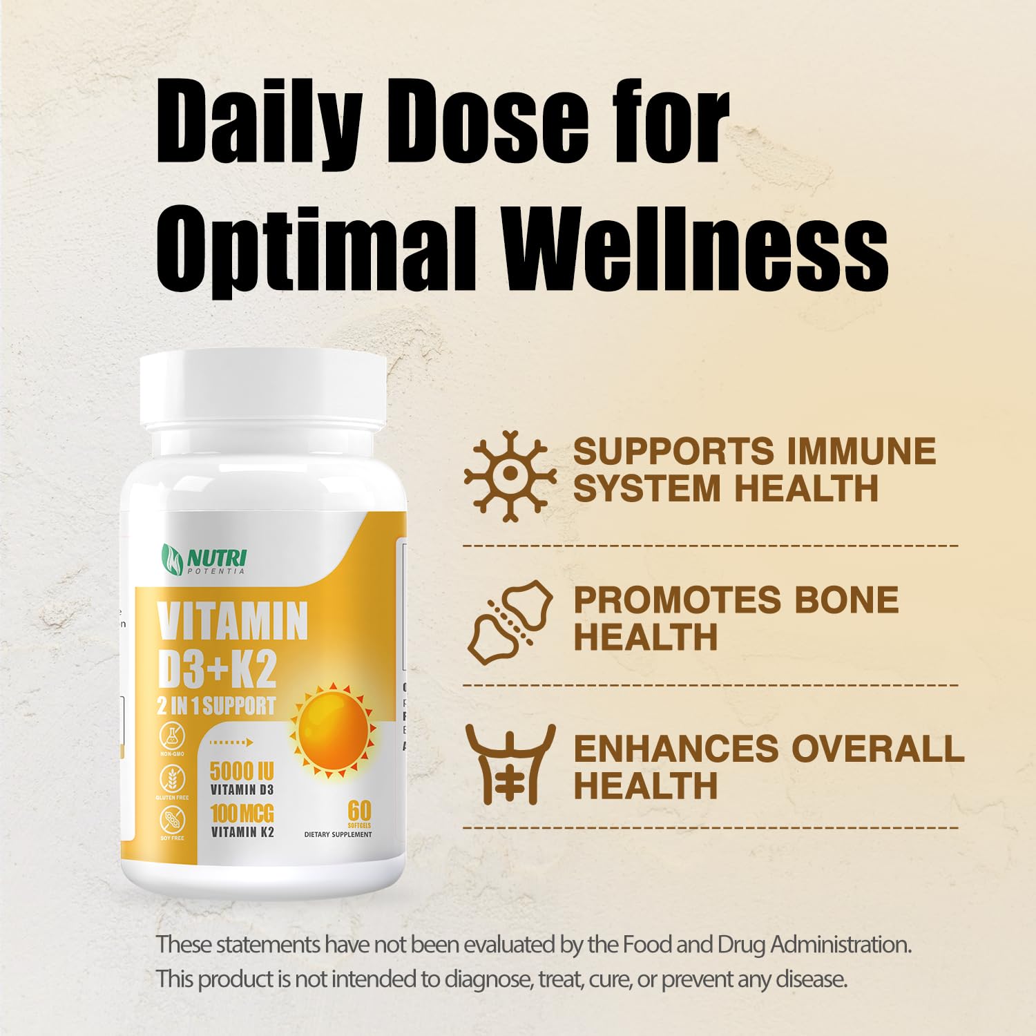 Suplemento vitamínico NUTRI POTENTIA D3 K2 para huesos y corazón