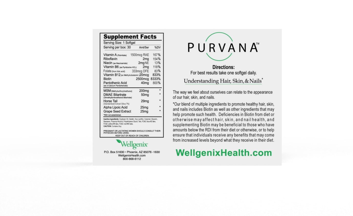 Suplemento Wellgenix Purvana biotina 2500 mcg extracto de uva