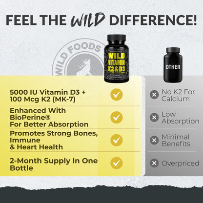 Suplemento Wild Foods vitamina D3 K2 con pimienta negra
