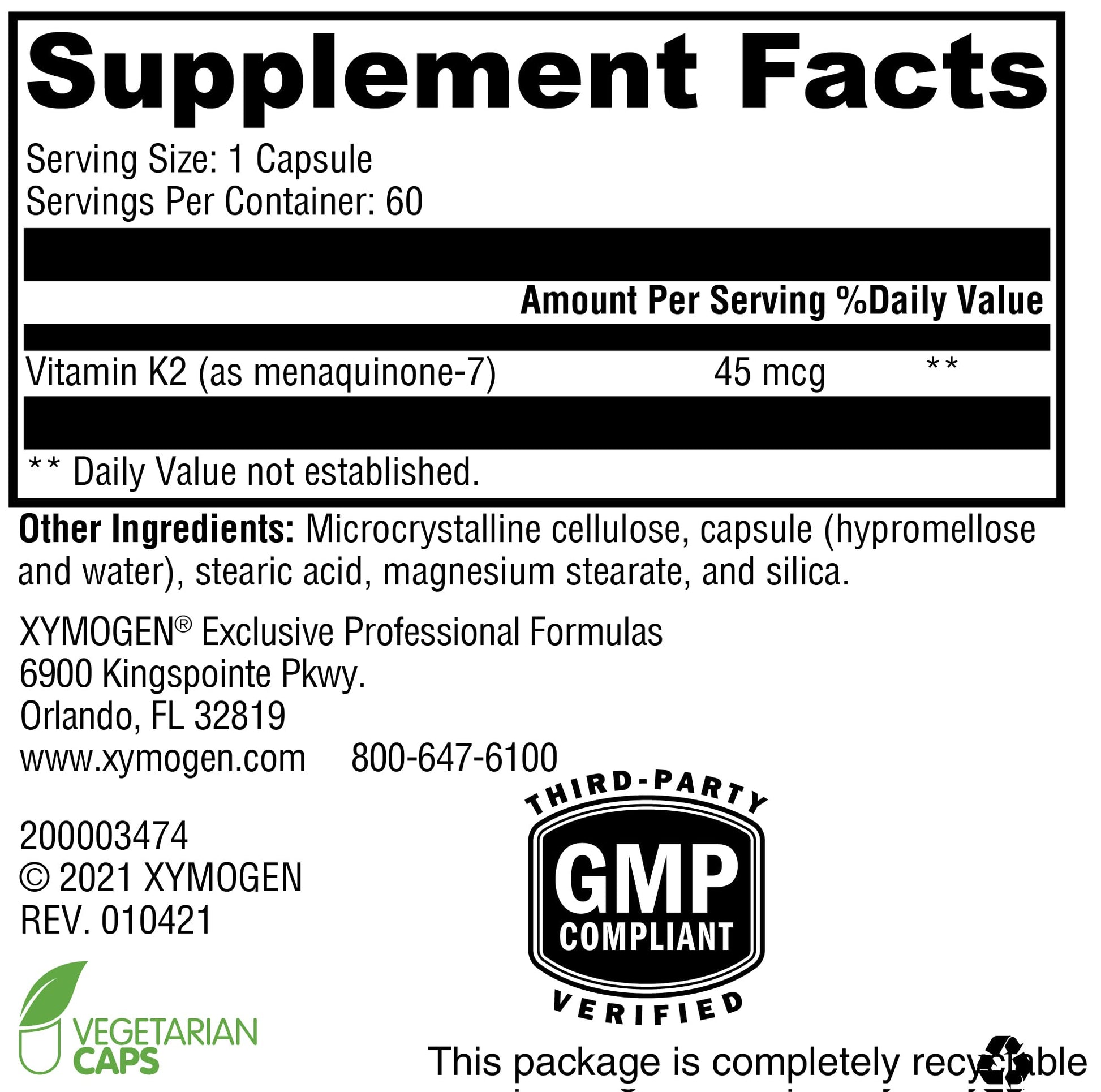 Suplemento XYMOGEN K2-45 alta biodisponibilidad vitamina K2