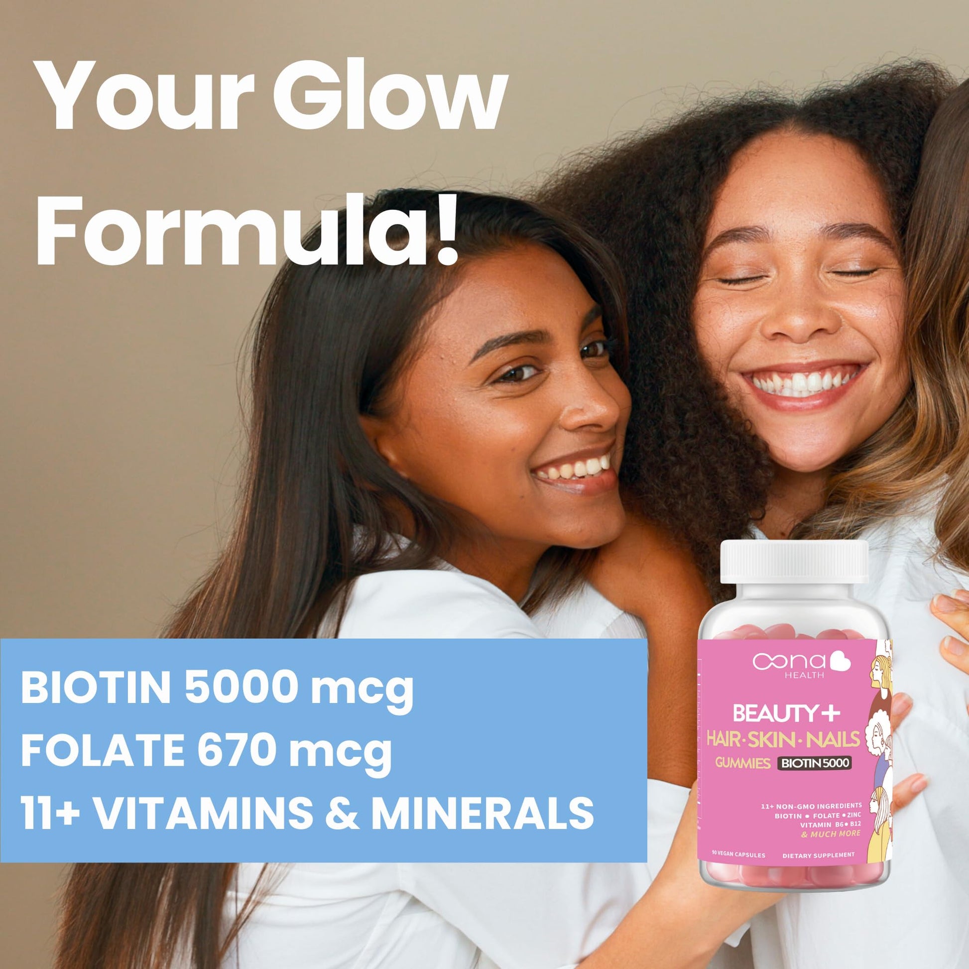 Suplementos Beauty+ combinando biotina y folato para salud capilar