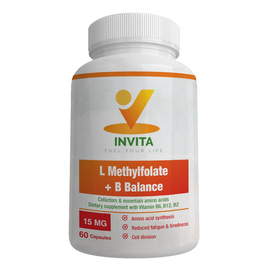 Frasco suplementos INVITA L-Metilfolato 15mg complejo B 60 cápsulas
