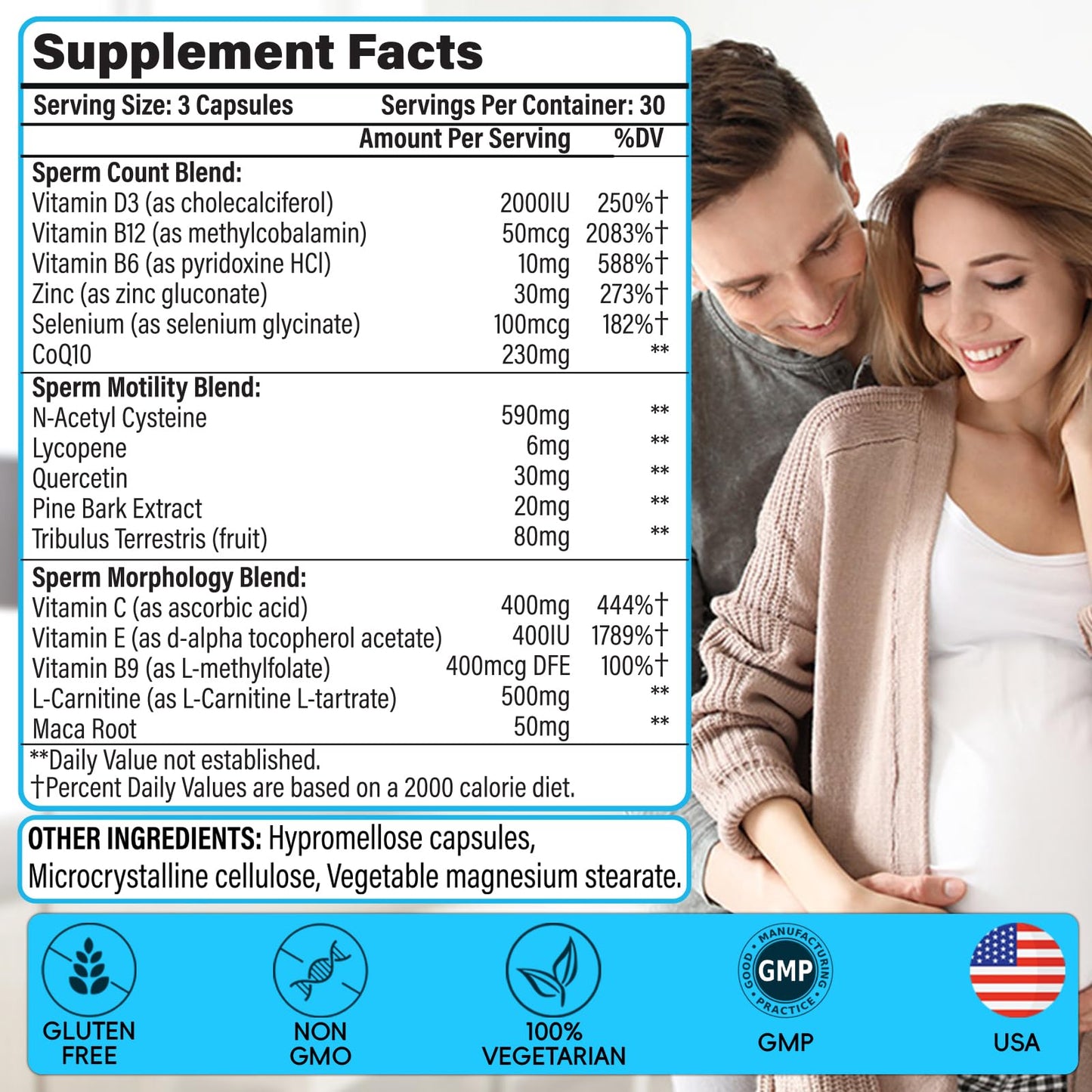Frasco suplementos masculinos con raíz maca y zinc para fertilidad